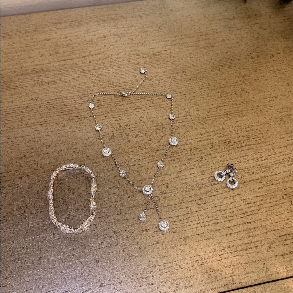 Silver-Tone Crystal Lariat Necklace with Matching Earrings